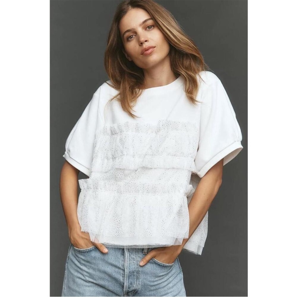 Maeve Short-Sleeve Smocked Ruffled Sweatshirt S White / Gold Women’s Tulle
